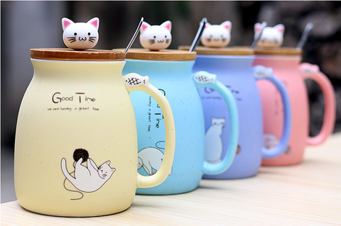 Large Cat Ceramic Mug in Assorted colours - with Lid and Spoon