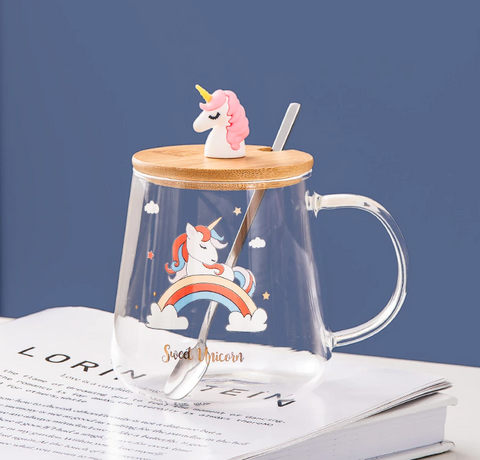 Large Unicorn Glass Mug with Lid and Spoon